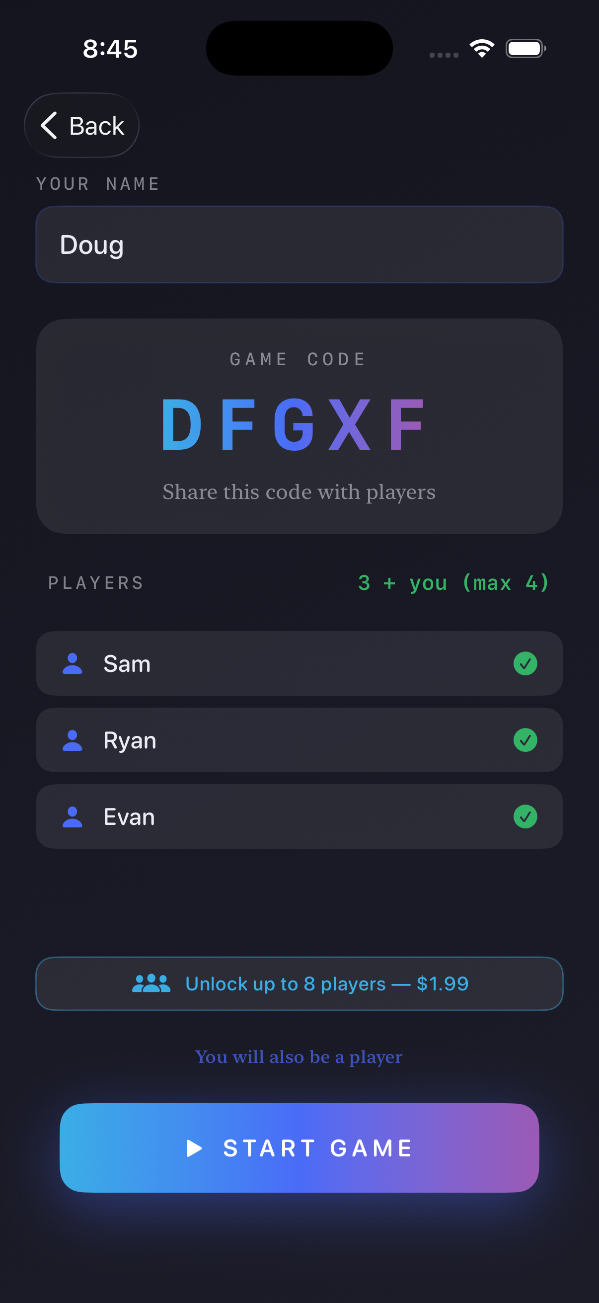 Host lobby screen